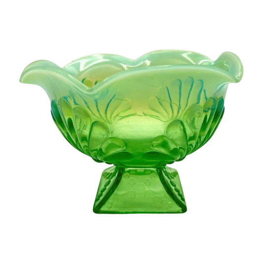 The Sylvan – Jefferson Glass Co. Green Opalescent Beaded Fan Bowl (Circa 1905)