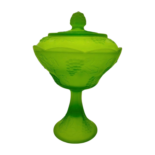 The Verdant – Indiana Glass Frosted Green Satin Harvest Grape Lidded Compote