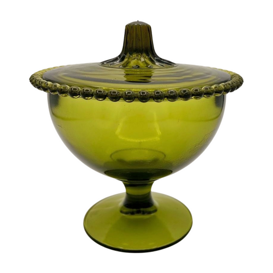 The Genevieve – Indiana Glass Century Beaded Edge Green Lidded Candy Dish
