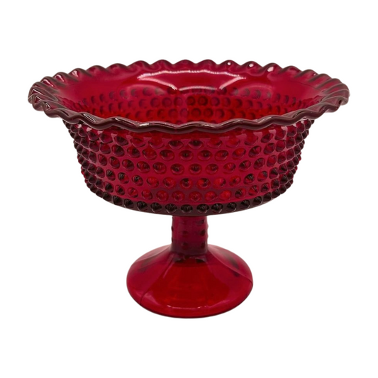 The Eleanor – Vintage Fenton Hobnail Ruby Glass Compote with Crimped Edge