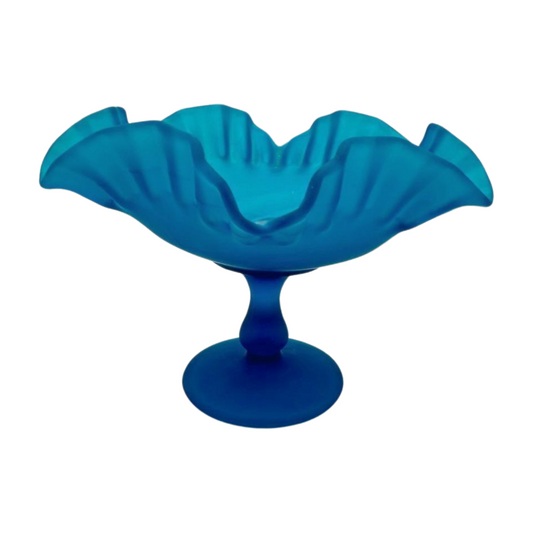 The Celestine – Vintage Westmoreland Satin Frosted Blue Ruffled Compote Bowl