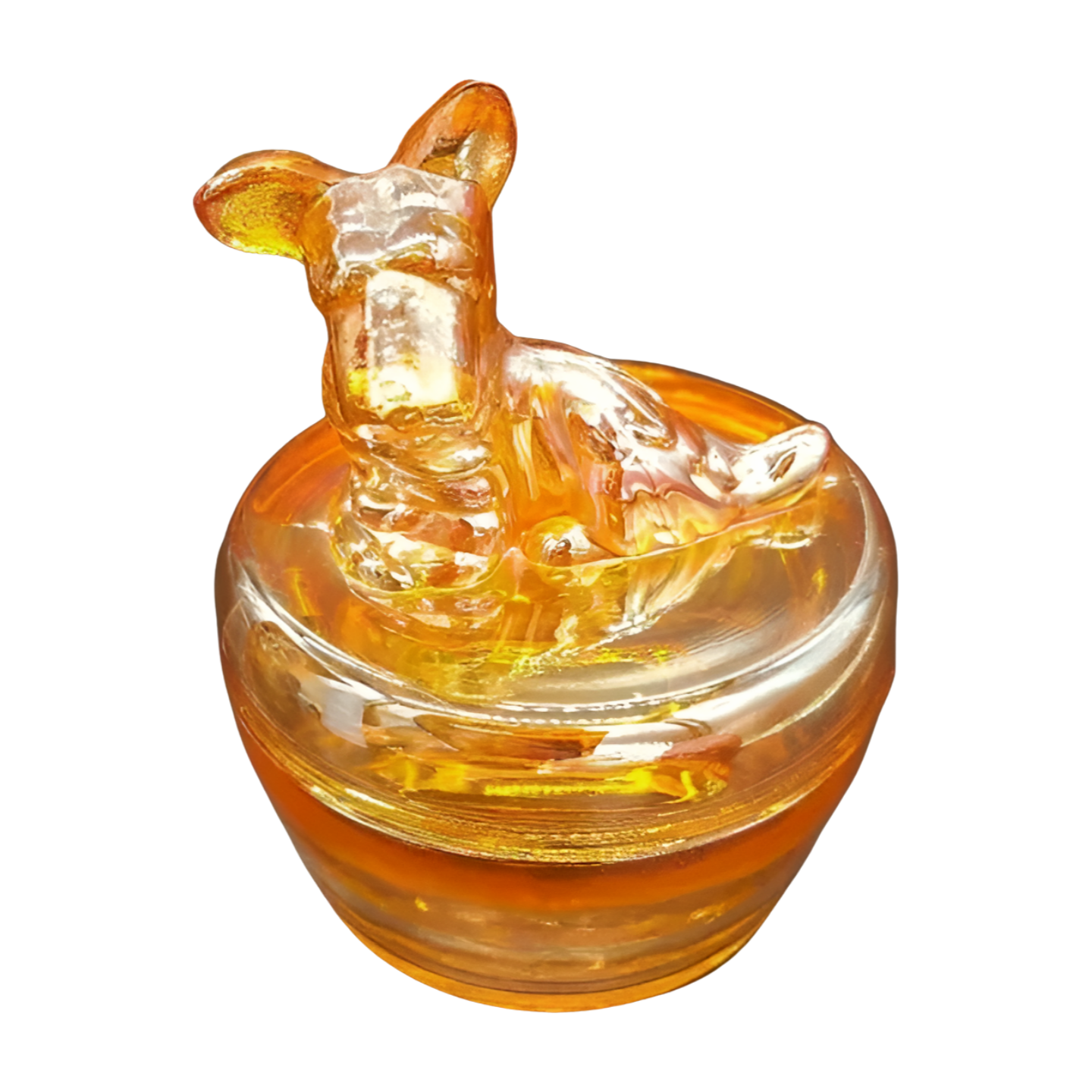 The Argos – Jeannette Glass Iridescent Marigold Scottie Dog Covered Trinket Dish